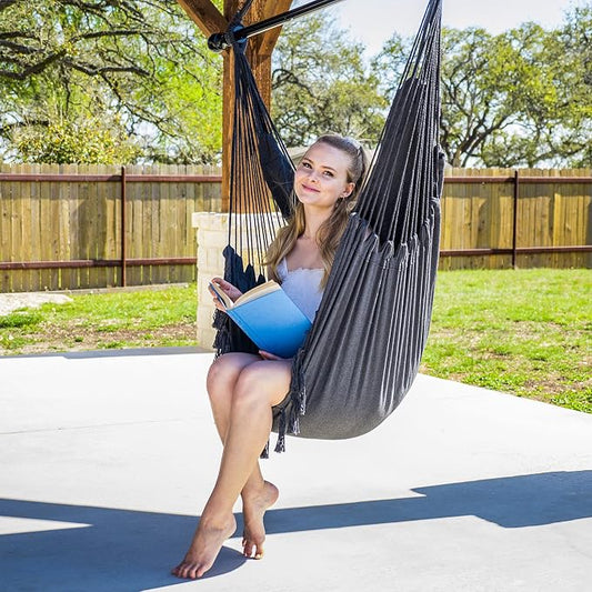 SUNCREAT Hammock Chairs Hammock Chair Swing with Steel Support Bar, Side Pocket, Large Swing Chair for Bedroom, Patio, Garden, Dark Gray