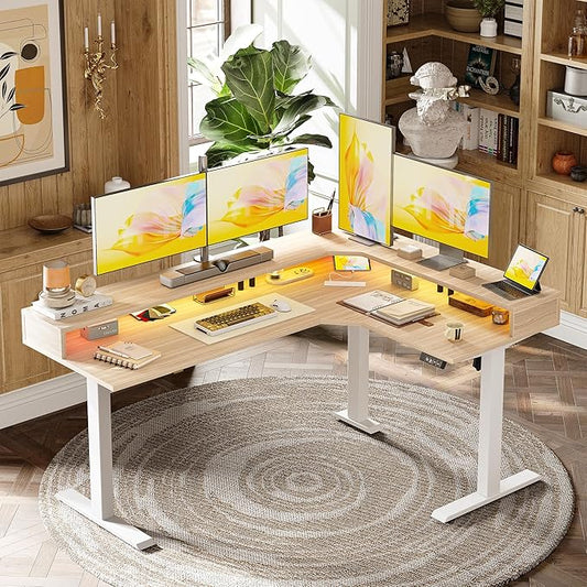 TIQLAB 63'' L-Shaped Standing Desk with LED Light Strip and Power Outlet, Height Adjustable Corner Table with Ergonomic Monitor Stand, Light Walnut