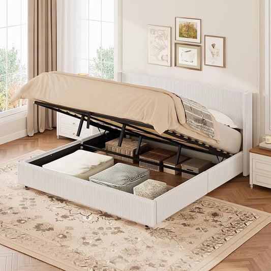 Garvee King Lift Up Storage Bed Frame, Corduroy Upholstered Platform Bed with Gas Lift, Padded Headboard, Wooden Slat Support, No Box Spring Needed, Easy Assembly, White