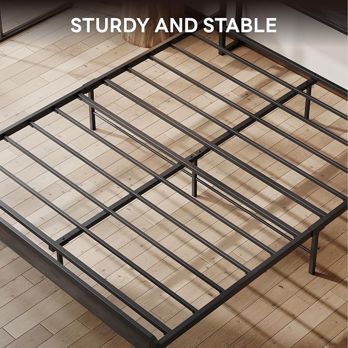 LIKIMIO Full Bed Frame with Headboard, Dark Wood Camas Full with Strong Supports, Sturdy, Noise-Free, No Box Spring Needed, Charcoal Grey