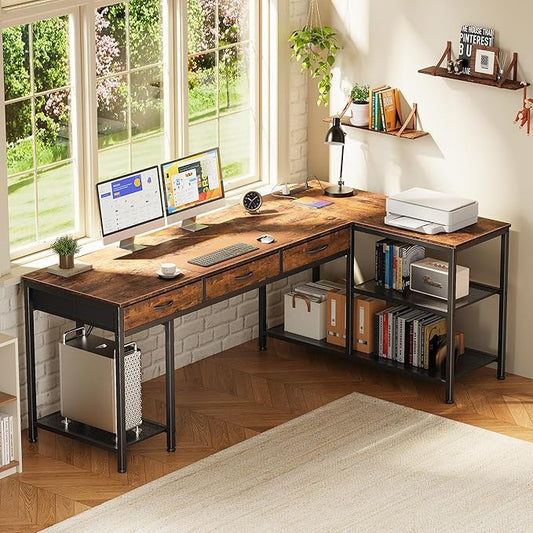 PRAISUN 63 Inch L Shaped Office Desk with Power Outlets and Type-C Port, Large Computer Gaming Desk with 3 Fabric Drawers, Mesh Shelves, Corner Study Work Writing Desk, Rustic Brown