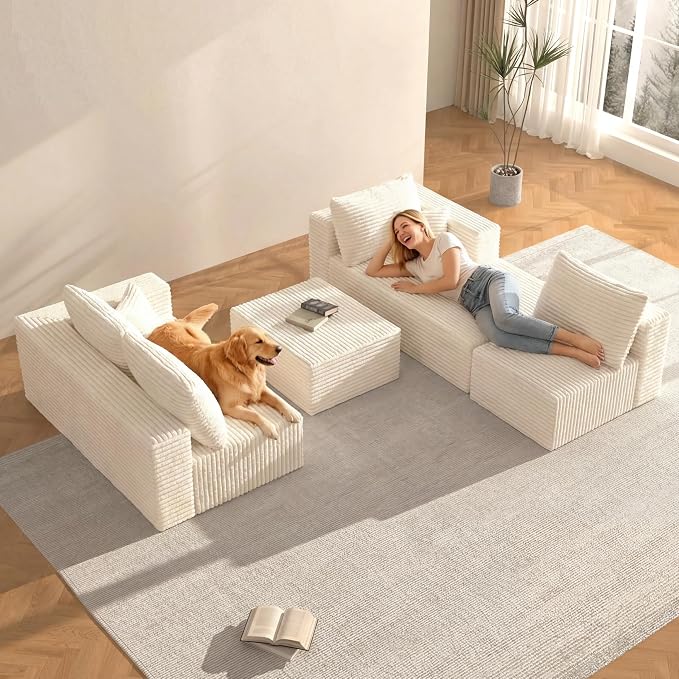 118" U-Shaped Modular Sectional Sofa Set,Soft Corduroy Cloud Couch with Chaise & Ottoman,Deep Seat Boneless Couches for Living Room,No-Assembly - Beige (Left Facing Chaise)