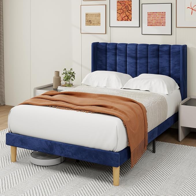alazyhome Platform Bed Frame Full Size with Upholstered Headboard, Solid Wood Slats Support, No Box Spring Needed, Noise Free, Easy Assembly, Modern Velvet Bed, Blue