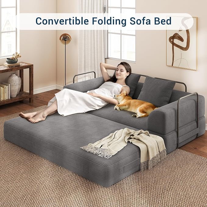 Living&Giving Convertible Boneless Couch, 5-in-1 Foldable Floor Futon Sofa Bed, 70" Corduroy Loveseat Sleeper with High-Density Foam & Firm Support for Small Apartment, Medium Gray