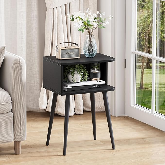 Black Nightstand Set of 2, Small Bed Side Table for Small Spaces, Mid Century Modern Nightstand End Table with Open Storage, Side Table for Bedroom Living Room, MLBZ20B-2
