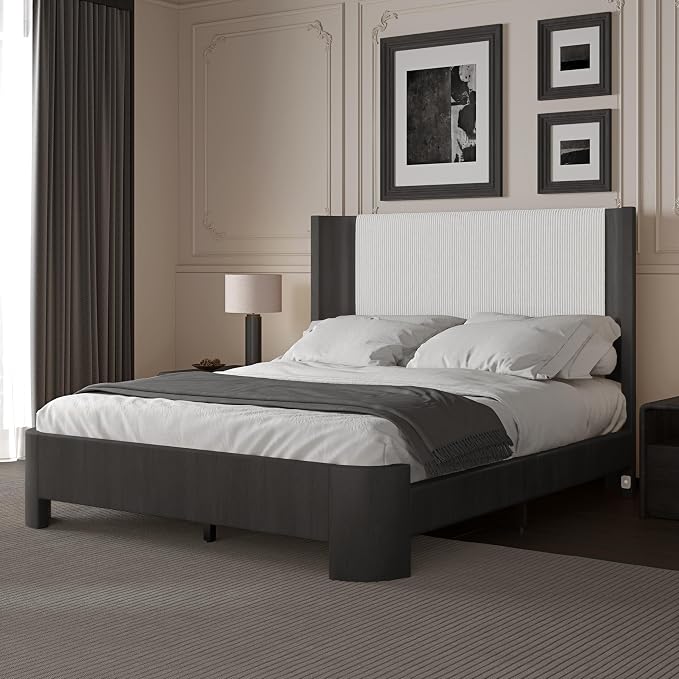 Queen Size Upholstered Platform Bed Frame with Wingback Headboard, Motion-Sensing LED Lights, Sturdy Slats, Mattress-Lock Footboard, PU Leather,No Box Spring Needed, Easy Assembly, Dark Grey Oak
