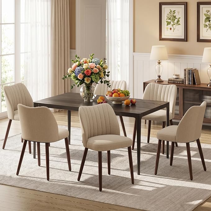 Upholstered Dining Chairs Set of 6, Modern Fabric Dining Chairs with Curved Backrest & Solid Rubber Wood Legs, Padded Kitchen Dining Room Chairs for Restaurant Cafe, Camel