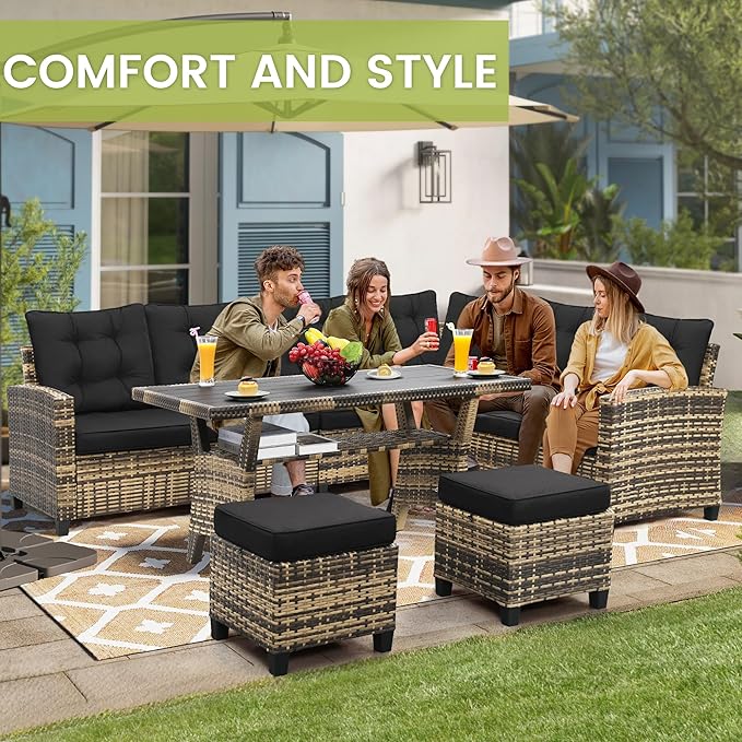 KROFEM 6-Piece Patio Furniture Set, Outdoor Sectional Sofa with Dining Table & Chairs, All-Weather Dining Set with Removable Cushion Covers, Ideal for Garden, Porch, Backyard, Black