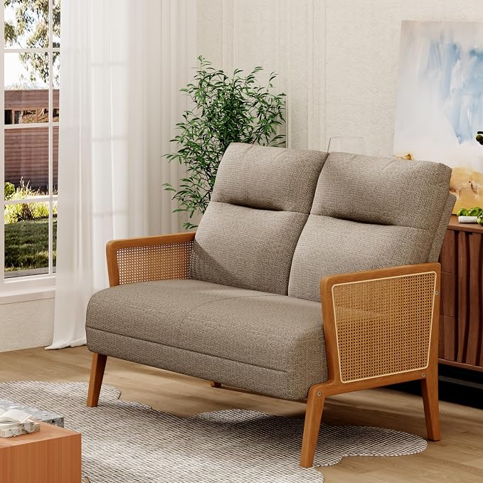 Love Seat Settee Mini Couch Upholstered Sofa with Natural Rattan Armrest Backrest Couch Bench Loveseat for Living Room Bedroom Brown Grey