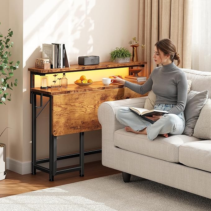 Folding Table with RGB Light for Small Space, 31.5" Folding Computer Desk for Space Saving Sofa Table for Couch, Home Work Office Desk with Monitor Stand, Easy to Fold with Hooks,Rustic Brown
