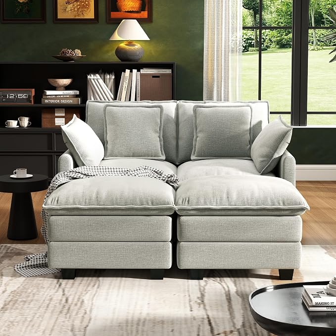 58" Cloud Couch Loveseat, Deep Seat Modular Sectional Sofa with 4 Removable Washable Pillows and 2 Ottoman for Living Room, Bedroom, Apartment, Light Grey