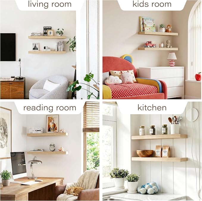 Bathroom Floating Shelves for Wall-23.6'' Wall Mounted Shelves Over Toilet Farmhouse Home Decor Display Bookshelf,Set of 2,Oak