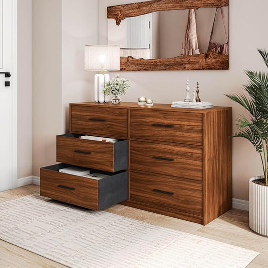 Modern 6-Drawer Dresser with Spacious Storage, Sturdy Wood Frame, Large Capacity Fabric Drawers, Dressers for Bedroom, Home Organization Storage for Living Room or Hallway, Walnut | 6-drawer dresser, fabric storage drawers, sturdy wood frame, bedroom o...