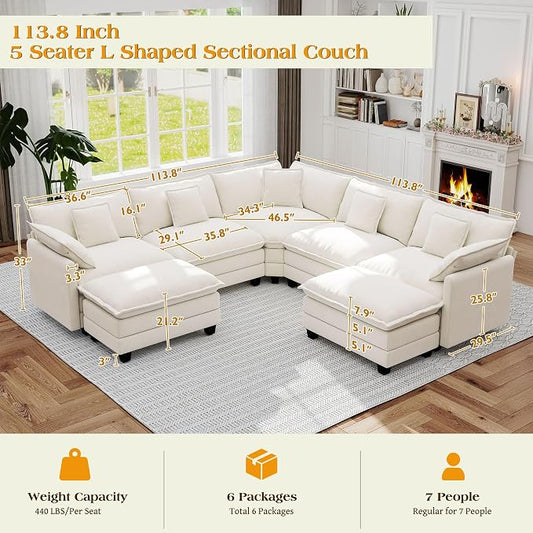 113.8" Modular Sectional Sofa,Cloud Couch for Living Room,Modern Deep Seat Sofa 5 Seater Chenille Fabric Comfy L Shaped Couches with Throw Pillows & Movable Ottoman for Apartment