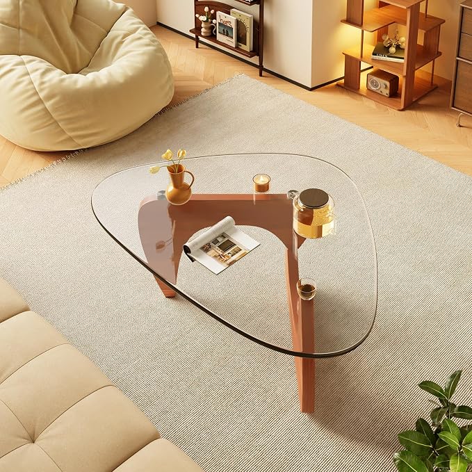 Coffee Tables Glass Small Farmhouse Coffee Table Mid-Century Modern Wood Center Table for Living Room, Walnut Transparent, 45 Inch