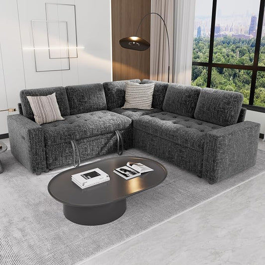 Sunny Heart 5-Seat Modular Sleeper Sofa with Pull-Out Bed & Storage, L-Shaped Chenille Sectional Couch, Reclining Backrest & USB Charging for Living Room,Guest Room Dark Grey