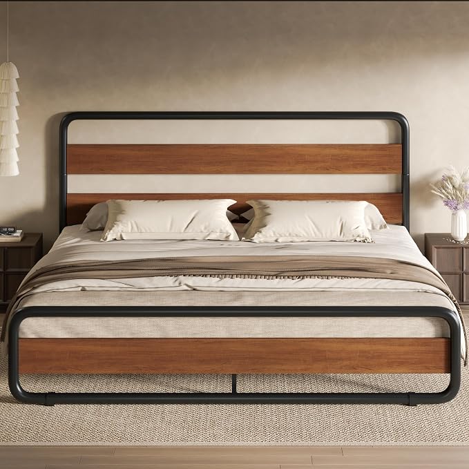 SHA CERLIN Full Size Metal Bed Frame with Wooden Headboard and Footboard, Heavy Duty Platform Frame with Under-Bed Storage, Noise Free, No Box Spring Needed, Vintage Walnut