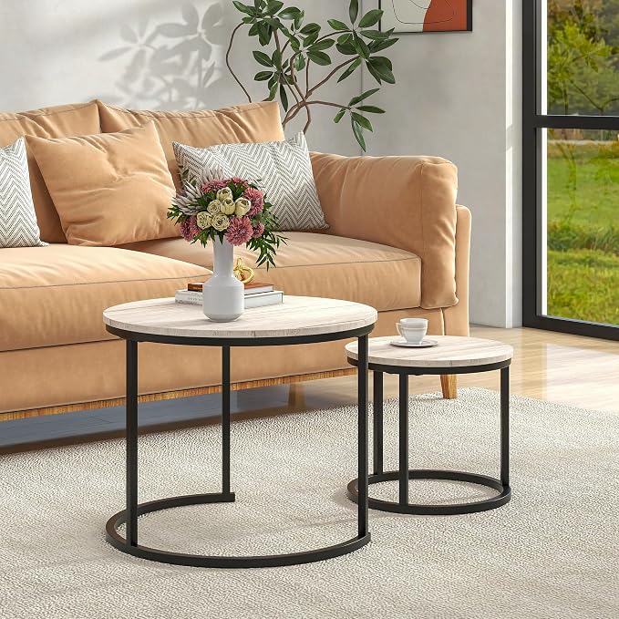 HOJINLINERO Round Coffee Table,Nesting Coffee Table Set of 2,Center Tables for Living Room,Office, Home Small Space,Stacking Side Tables,Sturdy and Easy Assembly,Wood Desktop,Black+White Oak,Small