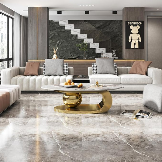 49.2" Modern Oval Marble Coffee Table – Gold Stainless Steel Base, Scratch-Resistant, Easy Assembly