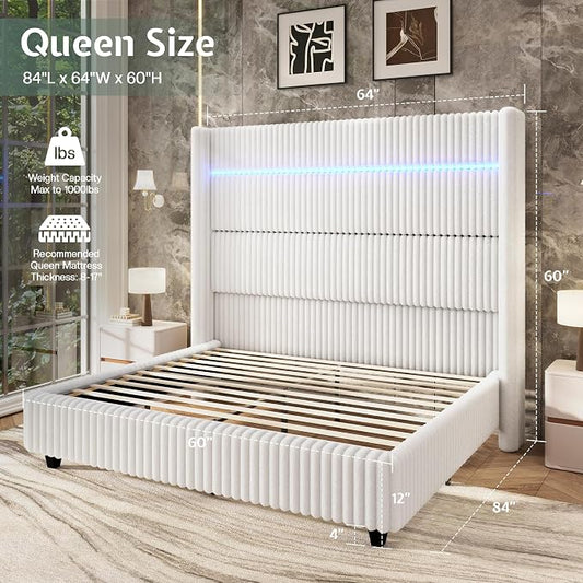 Jocisland Queen Bed Frame Faux-Fur Upholstered 60" Tall Headboard, White | Wingback Headboard, LED lights,USB Charging, Noise-free, No box spring needed, easy assembly, for Couples & Guest Room