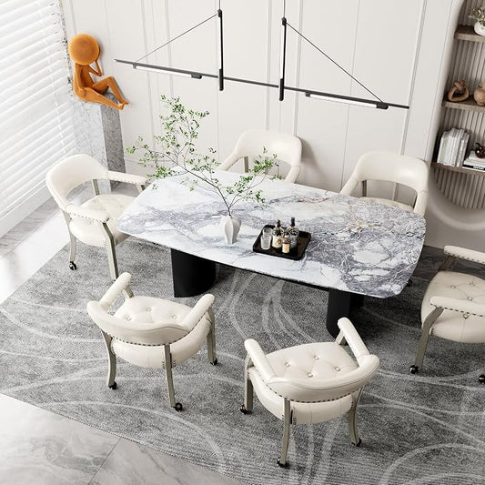 LEEMTORIG Set of 6 Large Dining Chairs with Casters and Arms, Rolling Dining Chairs with Wheels, Solid Wood Boss Caption's Chairs, 26" D x 25.2" W x 31.5" H, Grey Legs & Ivory SY-1318-WT