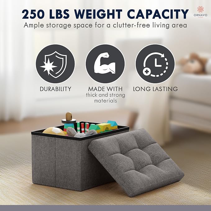 Ornavo Home Small Storage Ottoman, Set of 2, Foldable Collapsible Rectangle Linen Ottoman Foot Rest Stool Seat, for Living Room, Bedroom, Home Office, Dorm - 12 x 16 x 12, Dark Gray