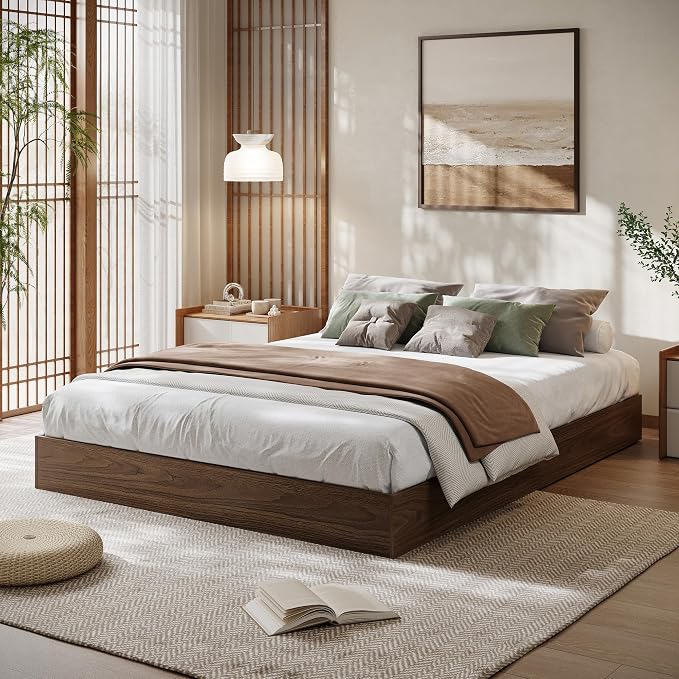 King Size Solid Wood Platform Bed, Modern Minimalist Floor-Standing Design with Robust Wooden Slats | Noise-Free, Space-Saving, No Box Spring Required | Easy Assembly for Luxurious Mast