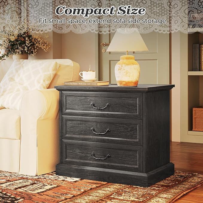 Huuger Nightstand with Charging Station, 3 Drawer Night Stand Set of 2, 22 Inch Wider Side Table with Storage, Farmhouse Nightstand with Vintage Handles, Thicken Base, for Bedroom, Black