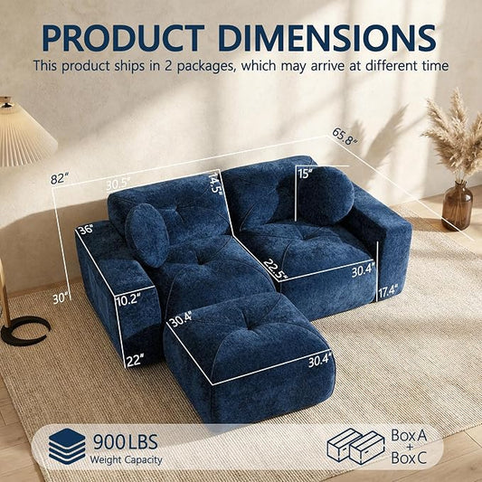 82" Modular Sectional Cloud Couch, L Shaped Sofa Boneless Couches with Movable Ottoman, 2 Deep Seat Modern Comfy Velvet Sofa for Living Room, Bedroom, Apartment (Blue)