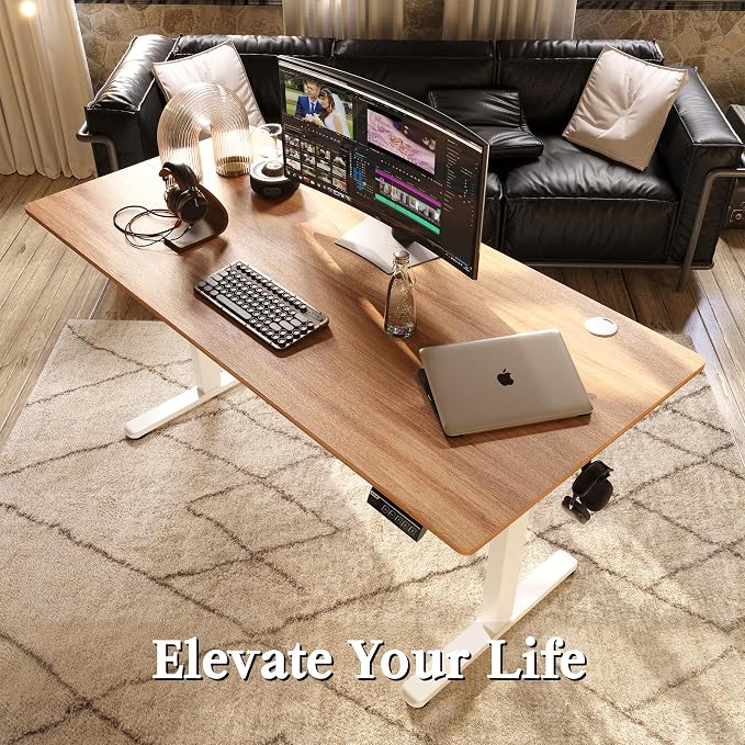 Monomi Electric Standing Desk, 63 x 28 inches Height Adjustable Ergonomic Home Office Sit Stand Up Desk with Memory Preset Controller (Natural Top/White Frame)