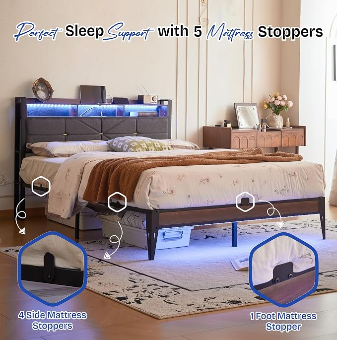Queen Size Bed Frame with Headboard, Upholstered Platform Bed Frame with Charging Station, Dual LED Light Strips, 2-Tier Storage Shelves, Heavy Duty Metal frame, Noise-Free, No Box Spring Needed