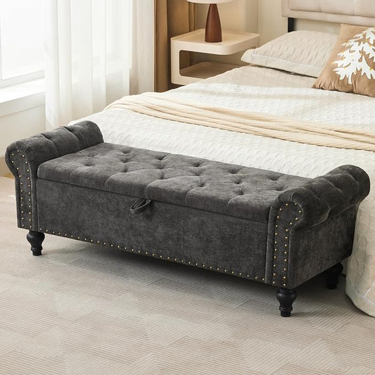 55" Storage Bench for Bedroom, Upholstered Ottoman Bench, Chenille DarkGray | End of Bed Bench for Bedroom, Window Benches for Living Room, Entryway, Ottoman with Large Storage Space, Pet Friendly