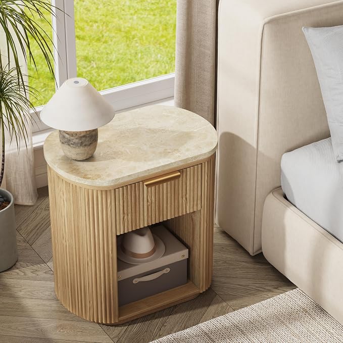 Fluted Marble Nightstand Set of 2, 23.6" Large Bedside Side Table with Drawer, Wood End Table with Storage, Curved Round Corner, Furniture Bedroom Sofa, Mid Century Modern,Oak, Marble