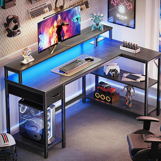 SUPERJARE 53 inch Reversible L Shaped Desk with LED Lights & Power Outlets, Computer Desk with Shelves & Monitor Stand, Gaming Desk with Drawer, Home Office Desk Corner Desk, Grey