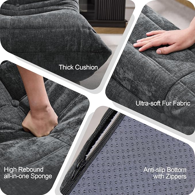 Hobestluk Adults Bean Bag Chair Faux Fur BeanBag Couch for Living Room | Darkgrey Chenille,Ergonomic Design,Memory Foam,Anti-slip Bottom,No Assembly Required,Decorative Style for Living Room