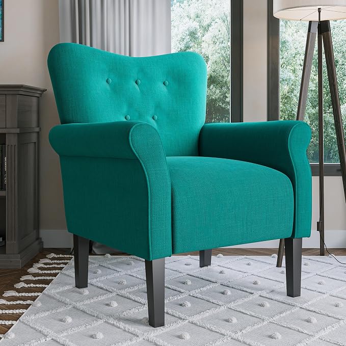 BELLEZE Modern Accent Chair, High Back Armchair, Upholstered Wingback Side Chair, Padded Single Sofa with Wooden Legs for Living Room, Bedroom - Mallard Teal