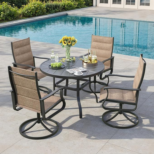 5 Pieces Patio Dining Set, Padded Patio Outdoor Furniture Set of 4 Patio Swivel Dining Chairs and 39" Patio Spliced Round Tabletop with Umbrella Hole, for Deck, Backyard, Poolside & Garden