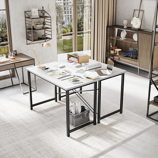 DUMOS 47 Inch Computer Desk for Home Office, Modern Study Work Table Simple Modern Style for Bedroom Small Space, Writing Desks with X-Shaped Reinforcement, Wood White