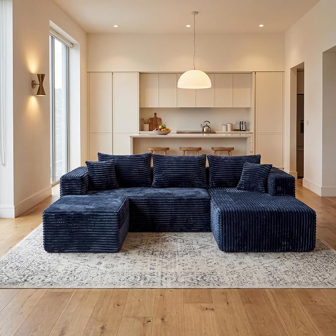 92.5'' U-Shaped Boneless Couches, Sectional Sofa with Deep Seat with Ottoman, Corduroy Modular Sectional Sofa, Convertible Cloud Couch with Oversized Deep Seats No Assembly Needed