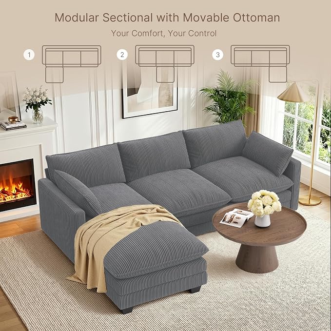 Gizoon 110'' Oversized L Shaped Couch for Living Room, Cloud Couches with Washable Corduroy Cover, Modern 4-Seater Comfy Deep-Seat Sofa with Movable Ottoman and 2 Throw Pillows for Apartment, Gray