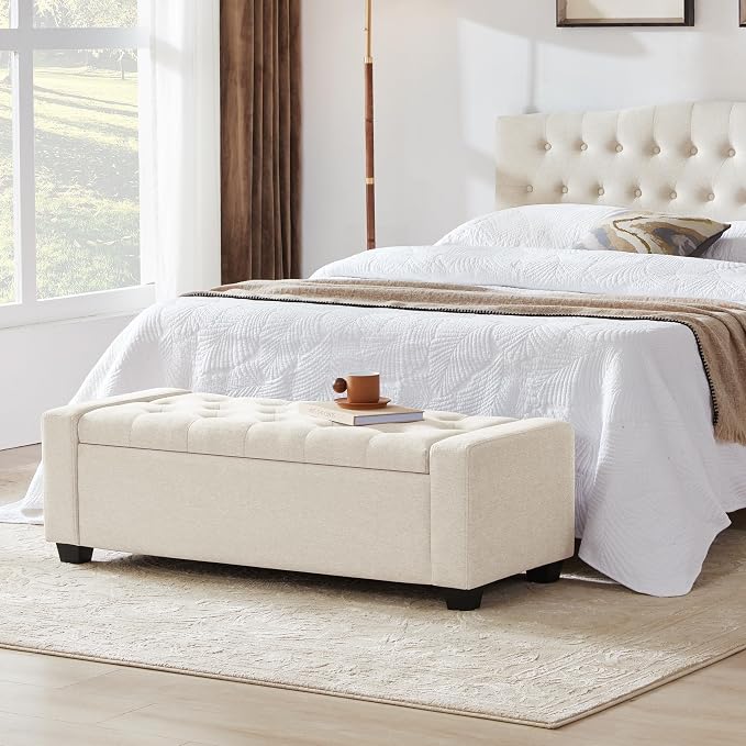 Huatean Home 48" Ottoman with Storage, Storage Ottoman Bench with Safety Hinge, Upholstered Entryway Bench with Seating for Bedroom, Living Room, Holds up to 330 lb, Beige