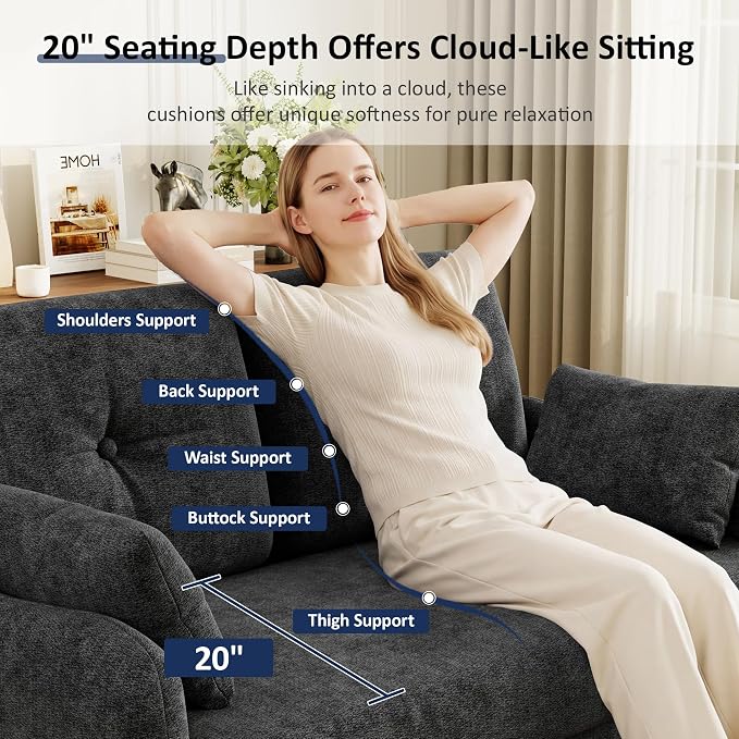 Vipbear 48" Loveseat Sofa,Modern Small Couches for Small Spaces,Black Chenille Love Seat Couch for Living Room,Bedroom,Apartment,Office,Deep Seat,Throw Pillow,Side Pockets,Curved Armrest
