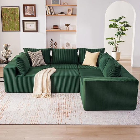 U-Shaped Boneless Couch, Cloud Couch Sectional, Modular Sofa with Deep Seat, Convertible Sectional Couches for Living Room, Plush Corduroy U Shaped Boneless Couch (Green, 6 Seater & 1 Ottoman)