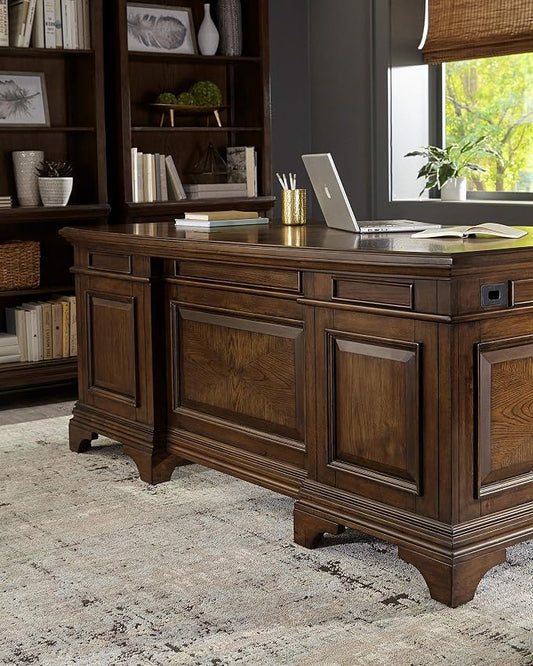 Pemberly Row Executive Desk, 72" W x 39" D x 31.25" H, Burnished Oak Finish, Wood Construction, Lockable File Cabinets, Felt-Lined Drawers, Bronze Hardware, Traditional Home Office Desk for Workspace