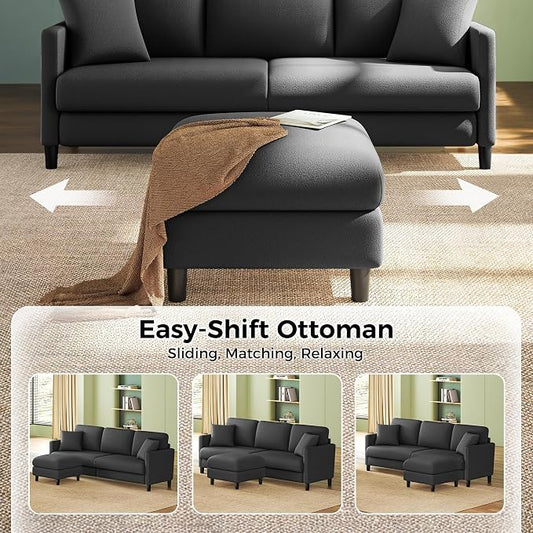 Welzona 83" Couches for Living Room, Teddy Sofa Couch with Storage Ottoman, L Shaped Couch with Movable Ottoman, Tool-Free Modular Sectional Sofa, All-Wood Sofas for Living Room 2 Pillows, Grey