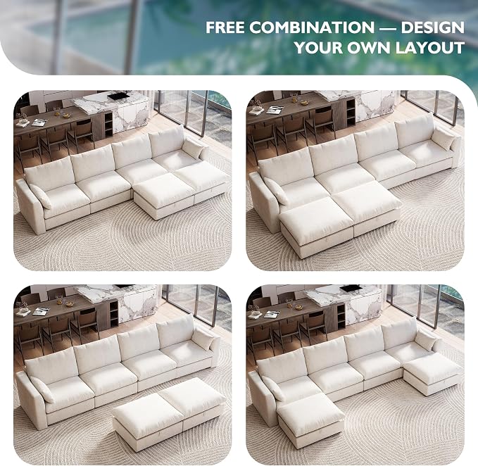 Ihanherry 152" Oversized Modular Sectional Sofa, Modern U Shaped Cloud Couch with 2 Storage Ottoman, 6-Seat Comfy Chenille Deep Seat Sofa with 2 Pillows for Living Room, Beige