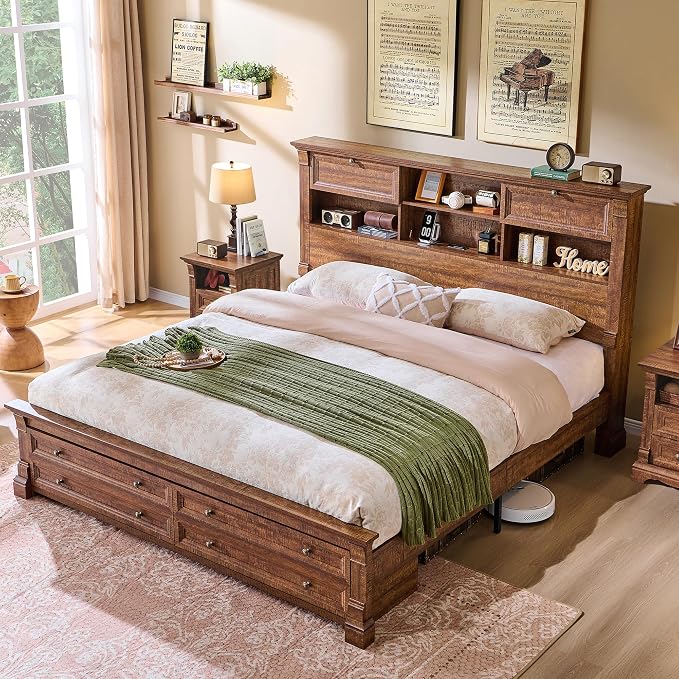 Farmhouse King Size Bed Frame with 54" Tall Headboard, Headboard with 4 Storage Rack, 2 Drawers, Wood Platform Bed Frame,18" Roman Column Decoration Footboard, No Box Spring Needed(Reclaimed Barnwood)