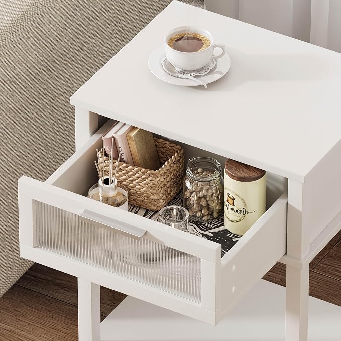 Nightstand Wooden Bedside Table with Drawer White Night Stands Modern Style Small End Table Side Table with Storage Shelf for Bedroom Living Room MLBZ10W