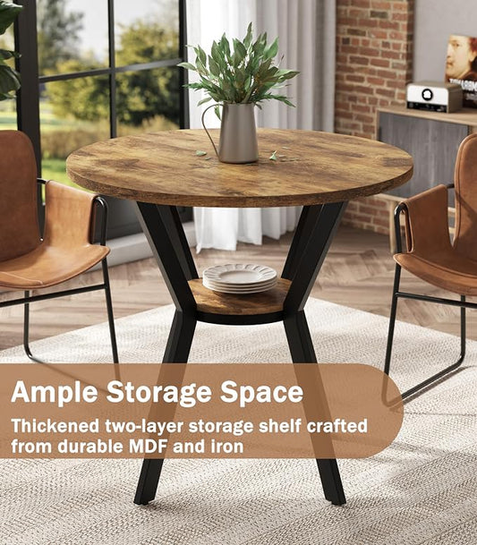 MECHYIN 31.5" Round Kitchen Table for 2-4, Small Round Dining Table with Storage, Rustic Wood Circle Table with Metal Legs, Compact Dining Room Table for Kitchen, Cafe, Apartment and Small Space