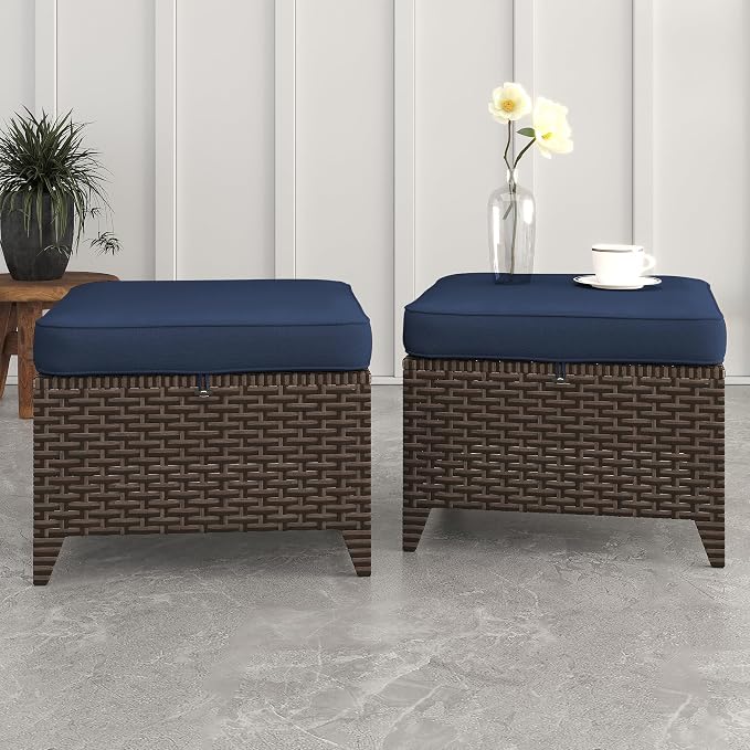 Patio Ottomans 2 Pieces, Outdoor 22" x 22" PE Wicker Ottoman with Removable Waterproof Cushions, All Weather Rattan Foot Stool Furniture for Deck, Porch, Backyard, Balcony, Poolside